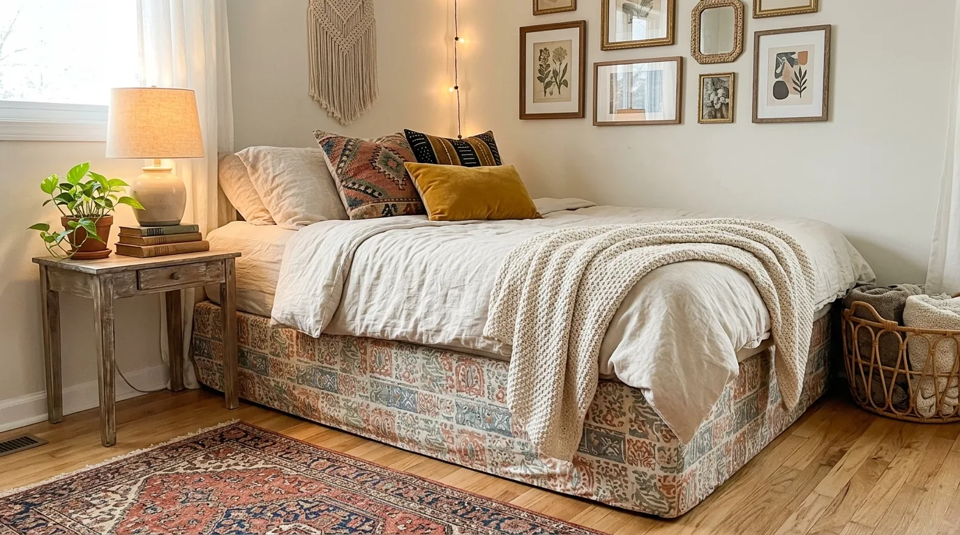 An easy no sew DIY box spring cover made from drop cloth fabric, no people