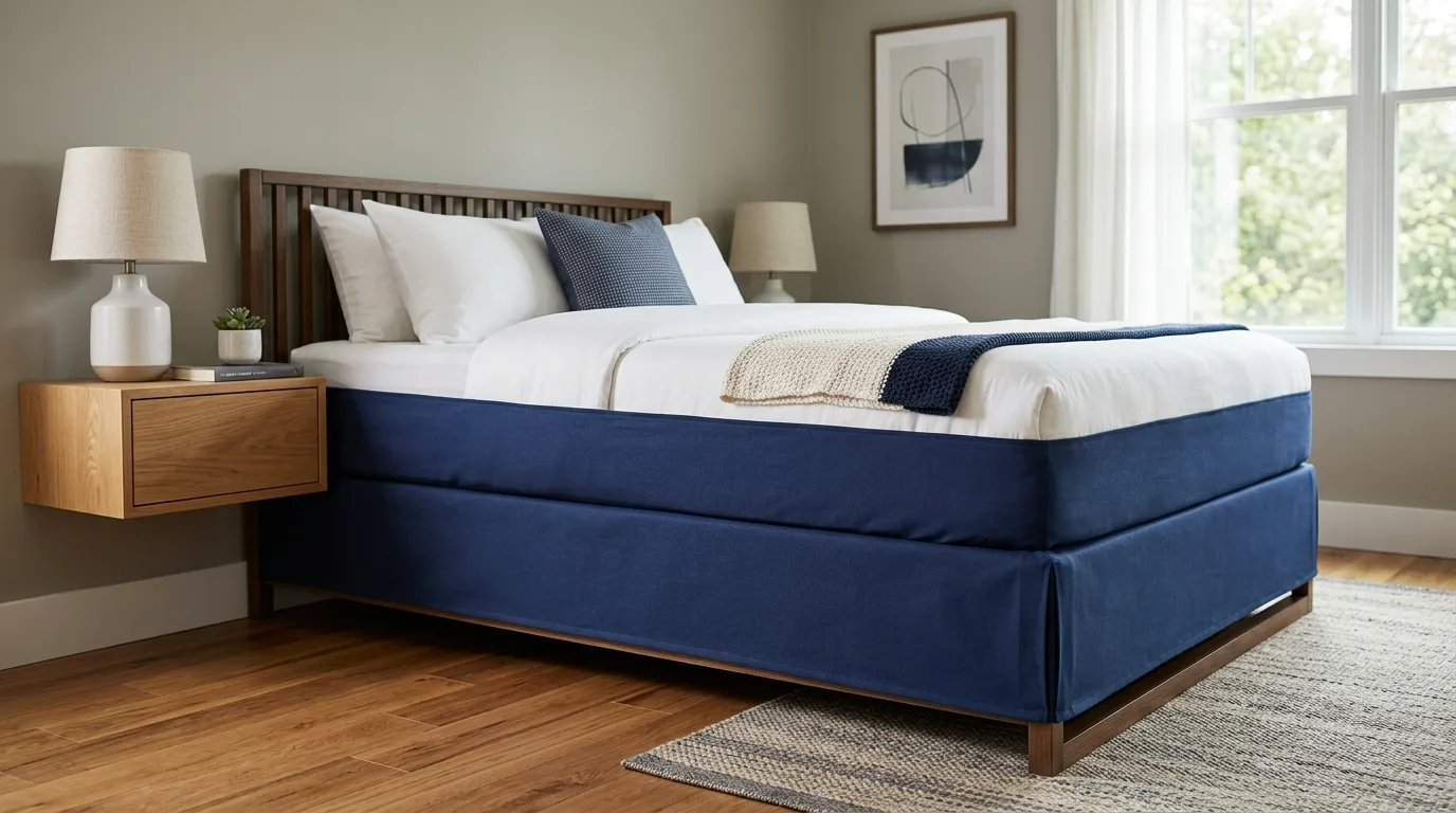 A DIY box spring cover with piping detail for an upholstered look, no people