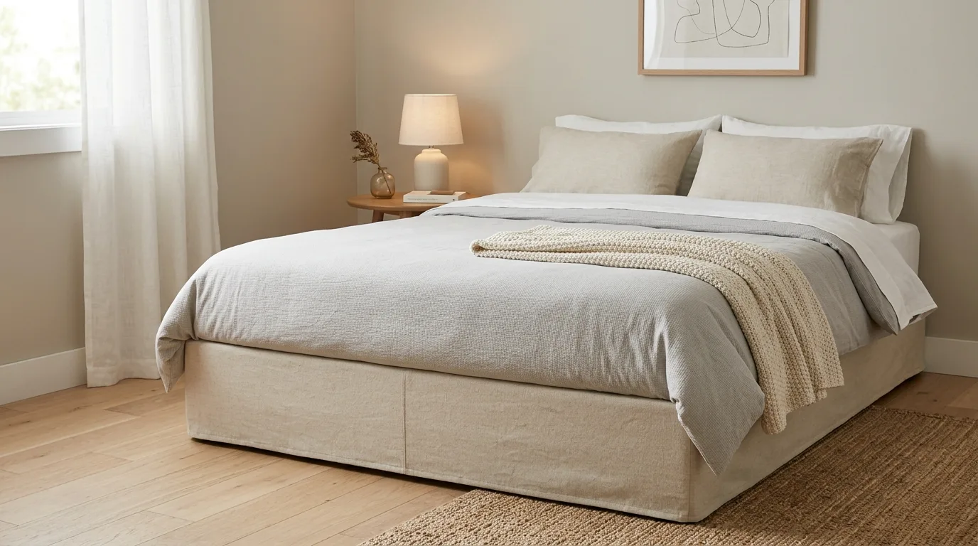 A minimal beige DIY box spring cover in a layered natural bedroom, no people