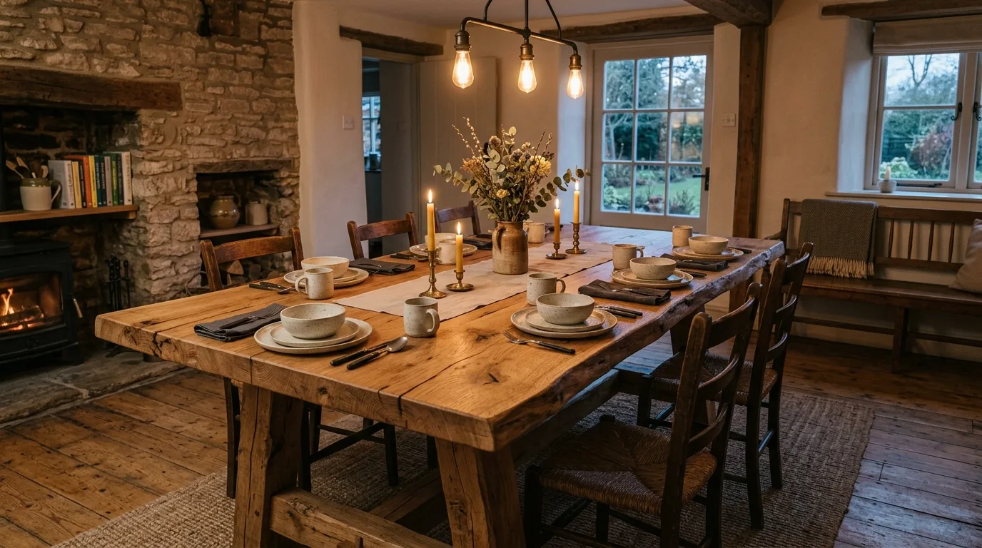 A rustic DIY butcher block dining table with a chunky warm wood top, no people