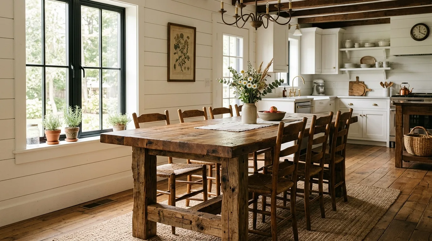 A DIY butcher block dining table with a trestle base and aged wood finish, no people