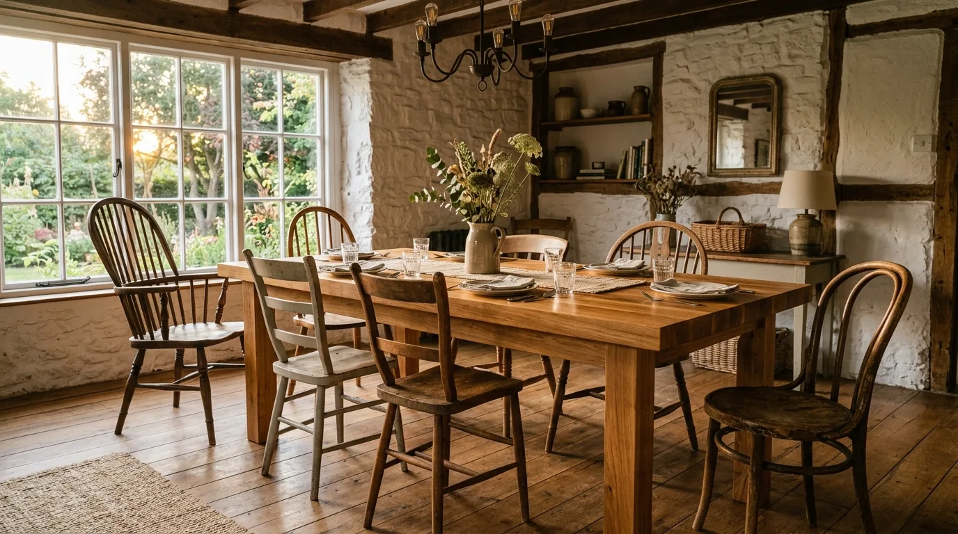 A DIY dining table with a butcher block top and black pedestal base, no people