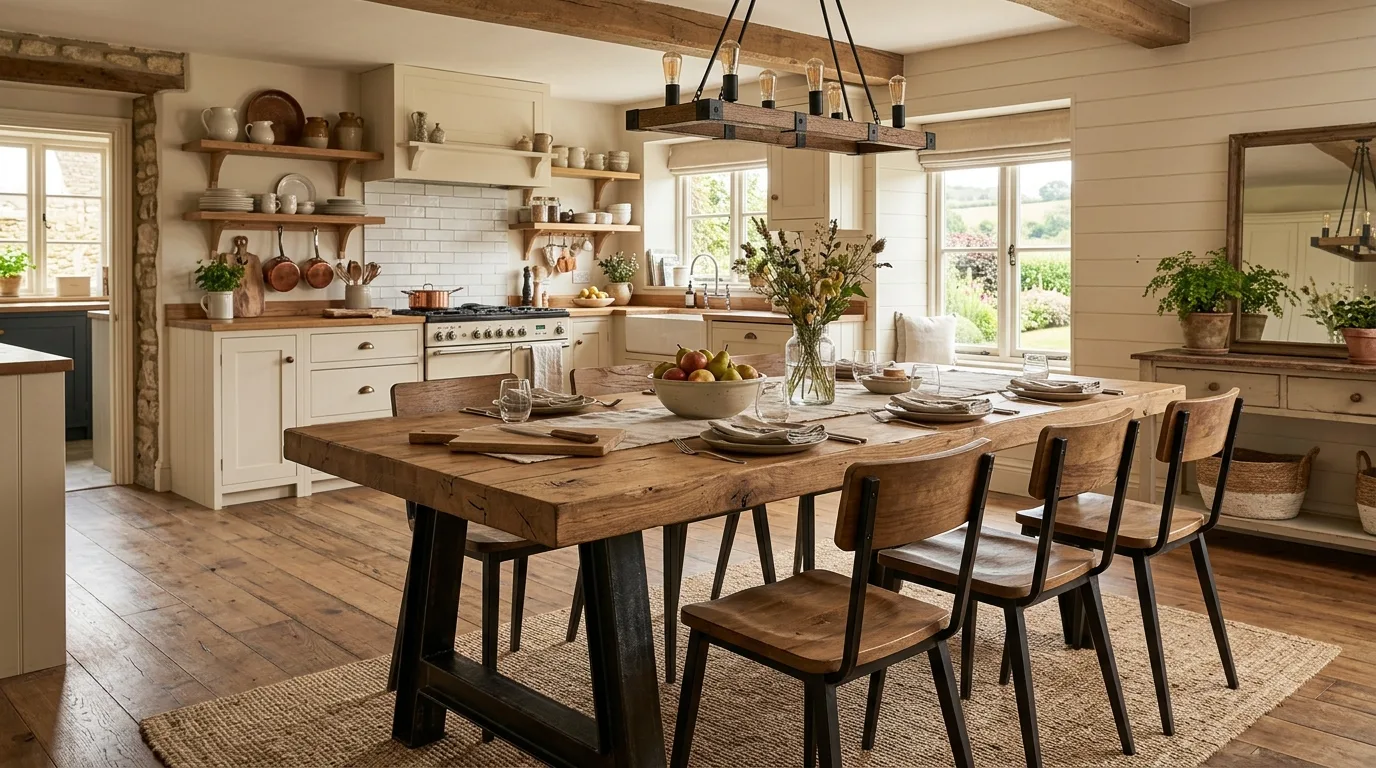 A long DIY butcher block dining table with bench seating and visible wood grain, no people