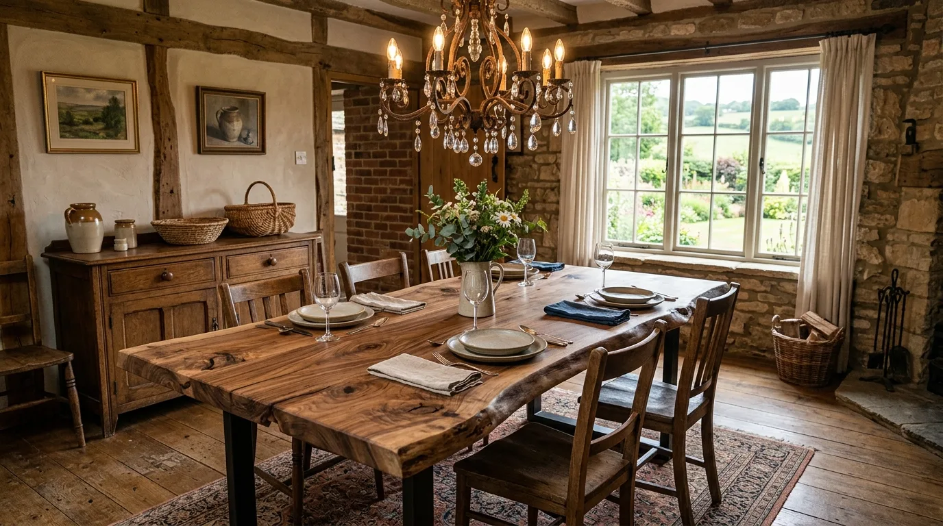 A round DIY butcher block dining table in a cozy breakfast room, no people