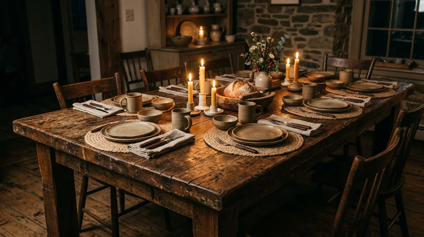 A rustic DIY butcher block dining table with X legs and a matte finish, no people