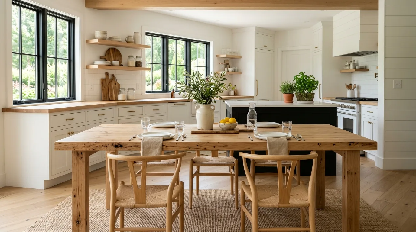 A parsons style DIY butcher block dining table with a thick wood top, no people