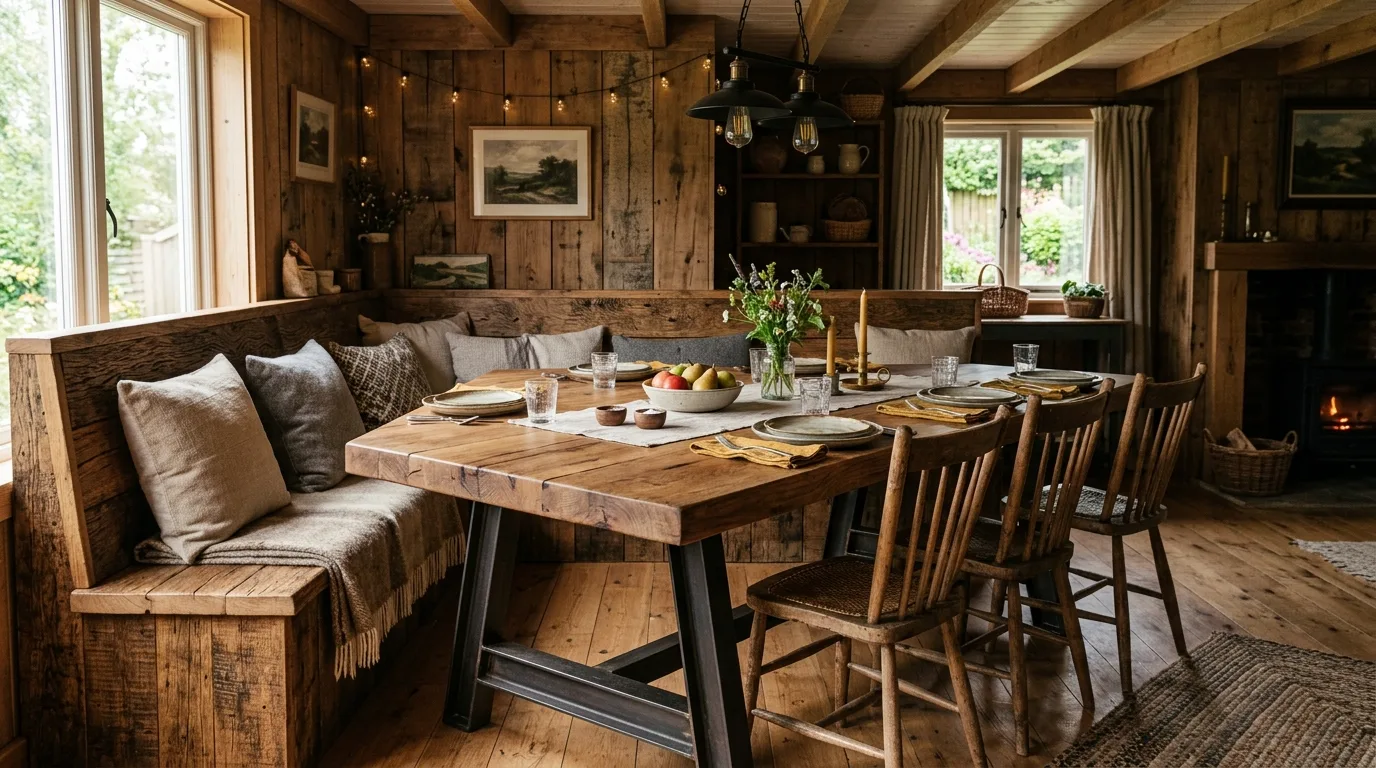 A two tone DIY butcher block dining table with a stained top and painted apron, no people