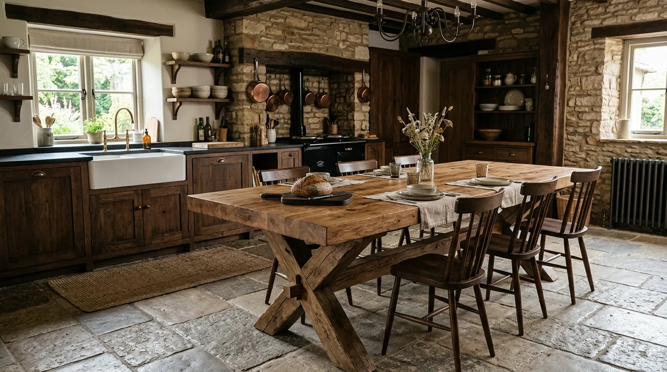 A narrow DIY butcher block dining table in a compact eat in kitchen, no people