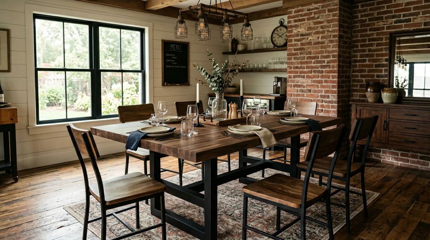 A reclaimed style DIY butcher block dining table with softened worn edges, no people