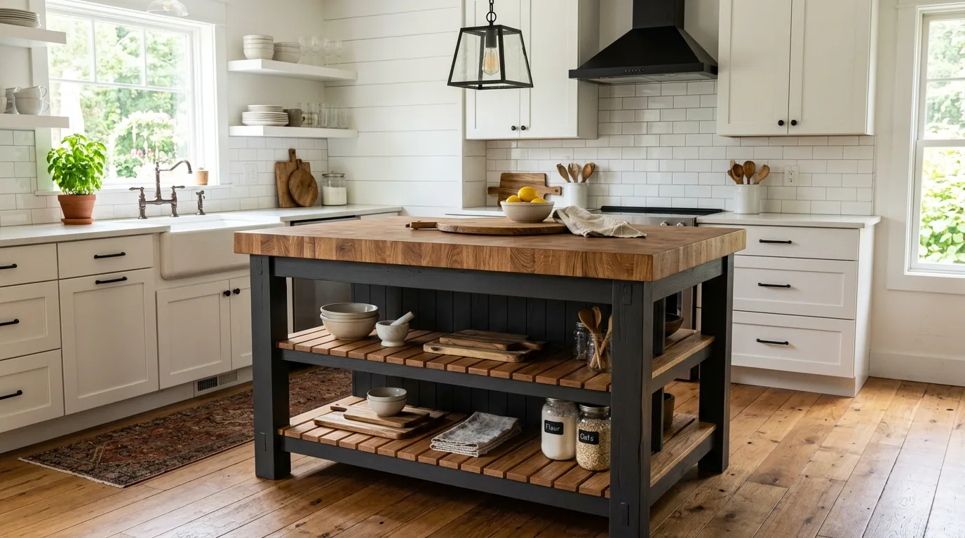 A compact DIY butcher block kitchen island with an open basket shelf, no people
