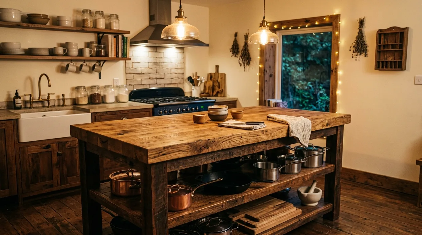 A large DIY butcher block kitchen island with drawers and stool seating, no people