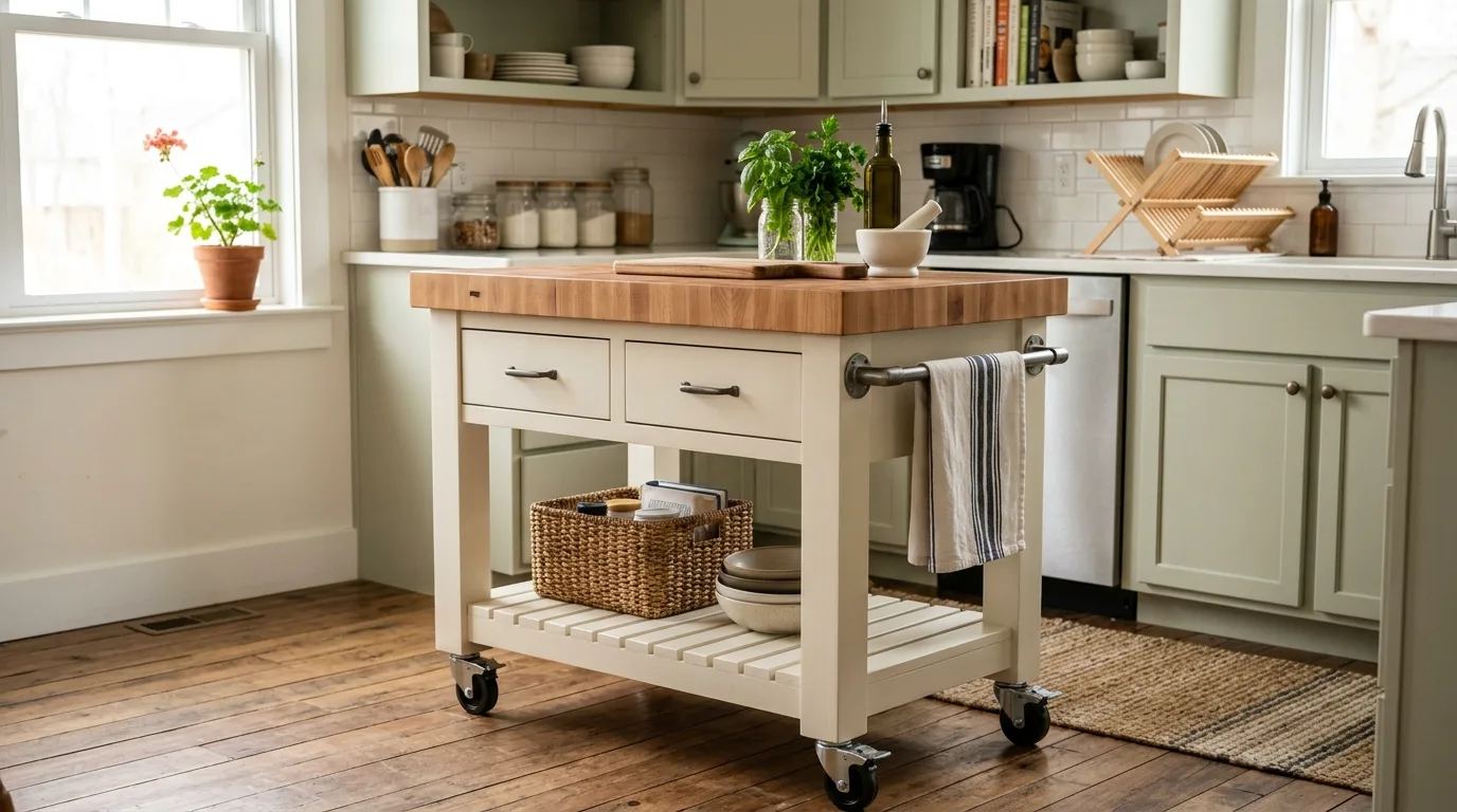 A DIY kitchen island with a painted base and warm edge grain butcher block top, no people