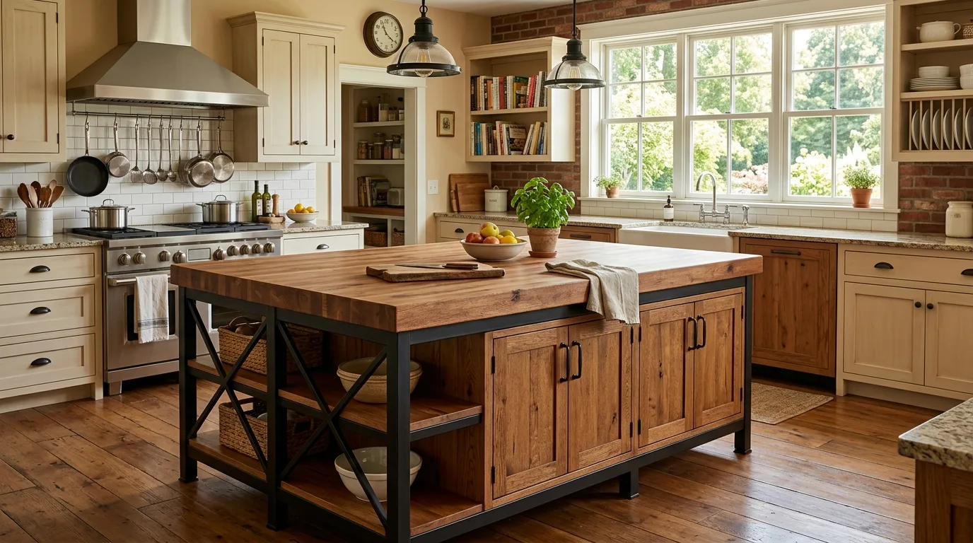 A slim DIY butcher block kitchen island on locking casters, no people