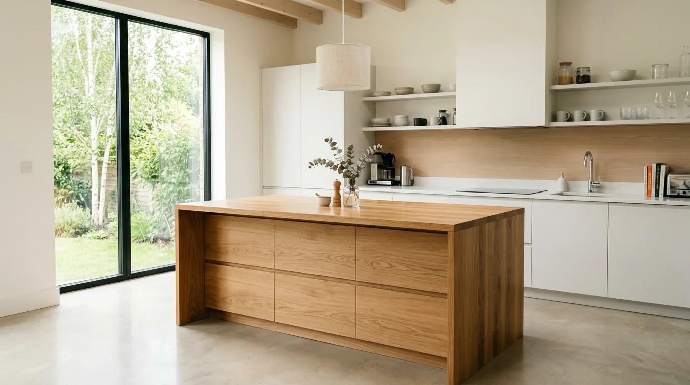 A DIY butcher block kitchen island with a built in microwave niche, no people