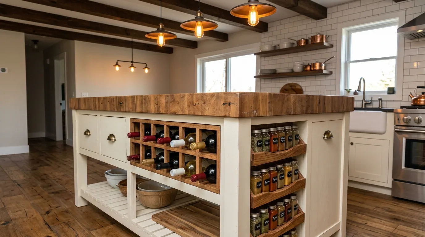 A farmhouse DIY butcher block kitchen island with beadboard panels, no people