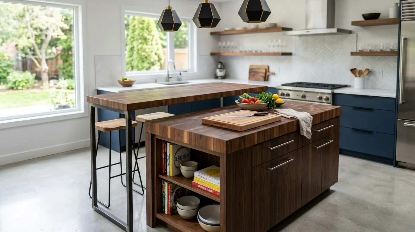 A black DIY kitchen island with a butcher block top and open shelf, no people
