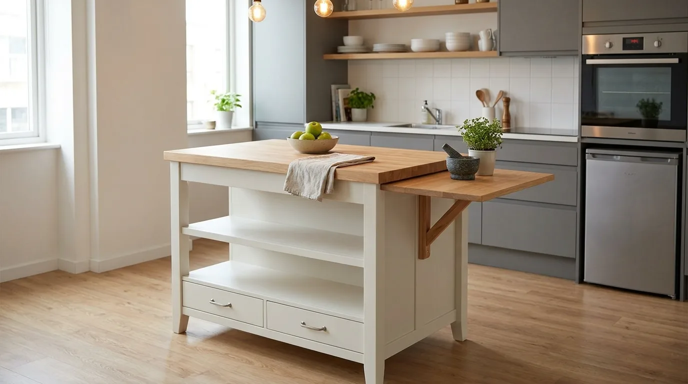 An L shaped DIY butcher block kitchen island for extra prep space, no people