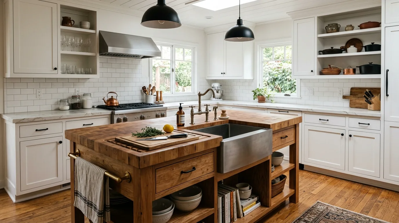 A white shaker DIY kitchen island with a richly oiled butcher block top, no people