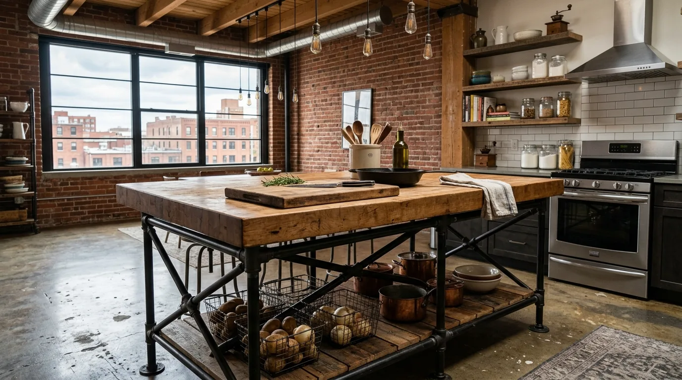 A DIY butcher block kitchen island with a hidden trash pullout, no people