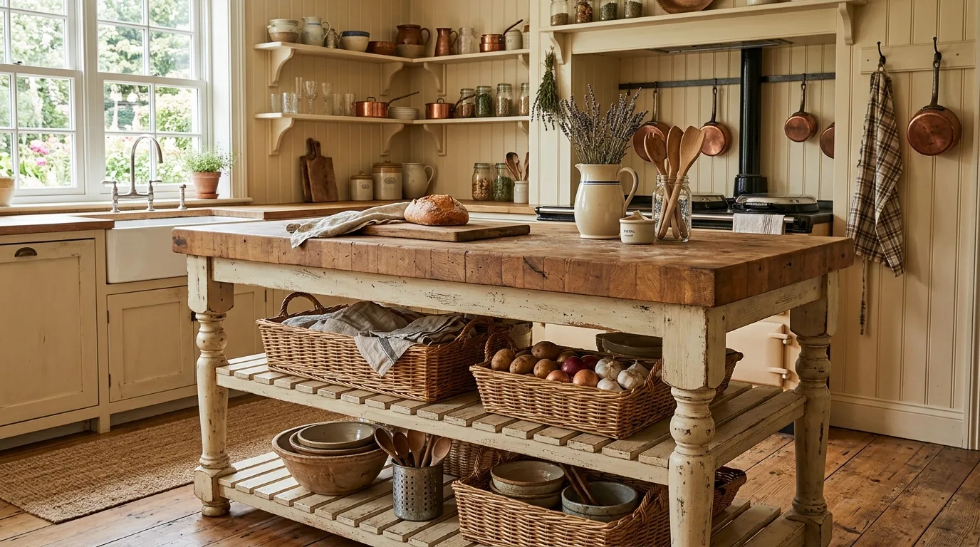 A small apartment DIY butcher block kitchen island with utensil drawers, no people