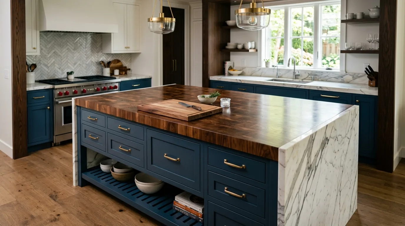 A built in style DIY butcher block kitchen island with paneled ends and seating, no people