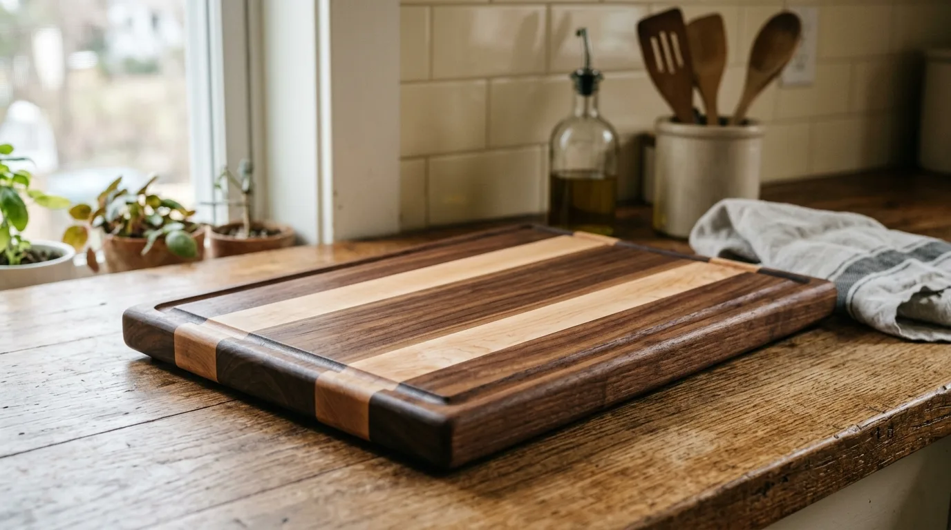 A handmade DIY butcher block cutting board with alternating wood stripes, no people