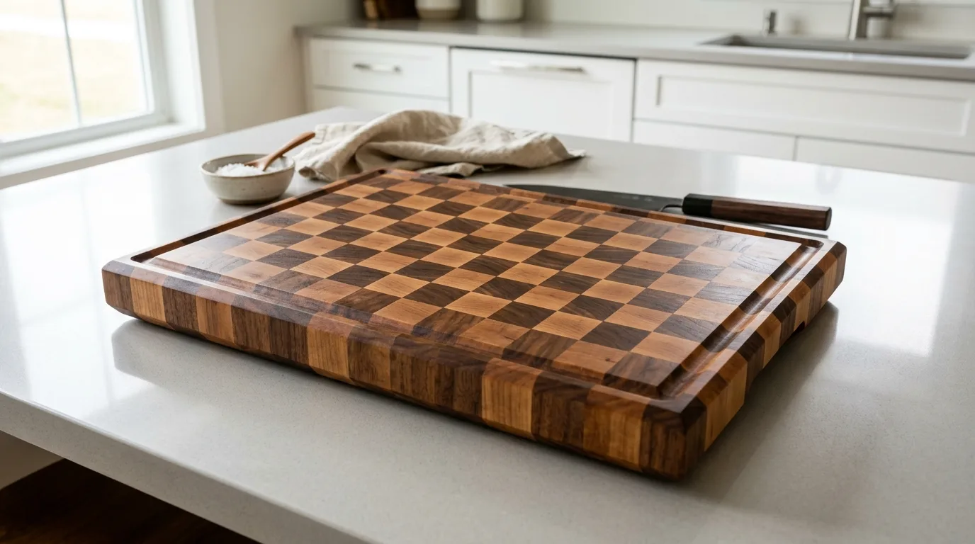A handmade DIY butcher block paddle cutting board for serving, no people