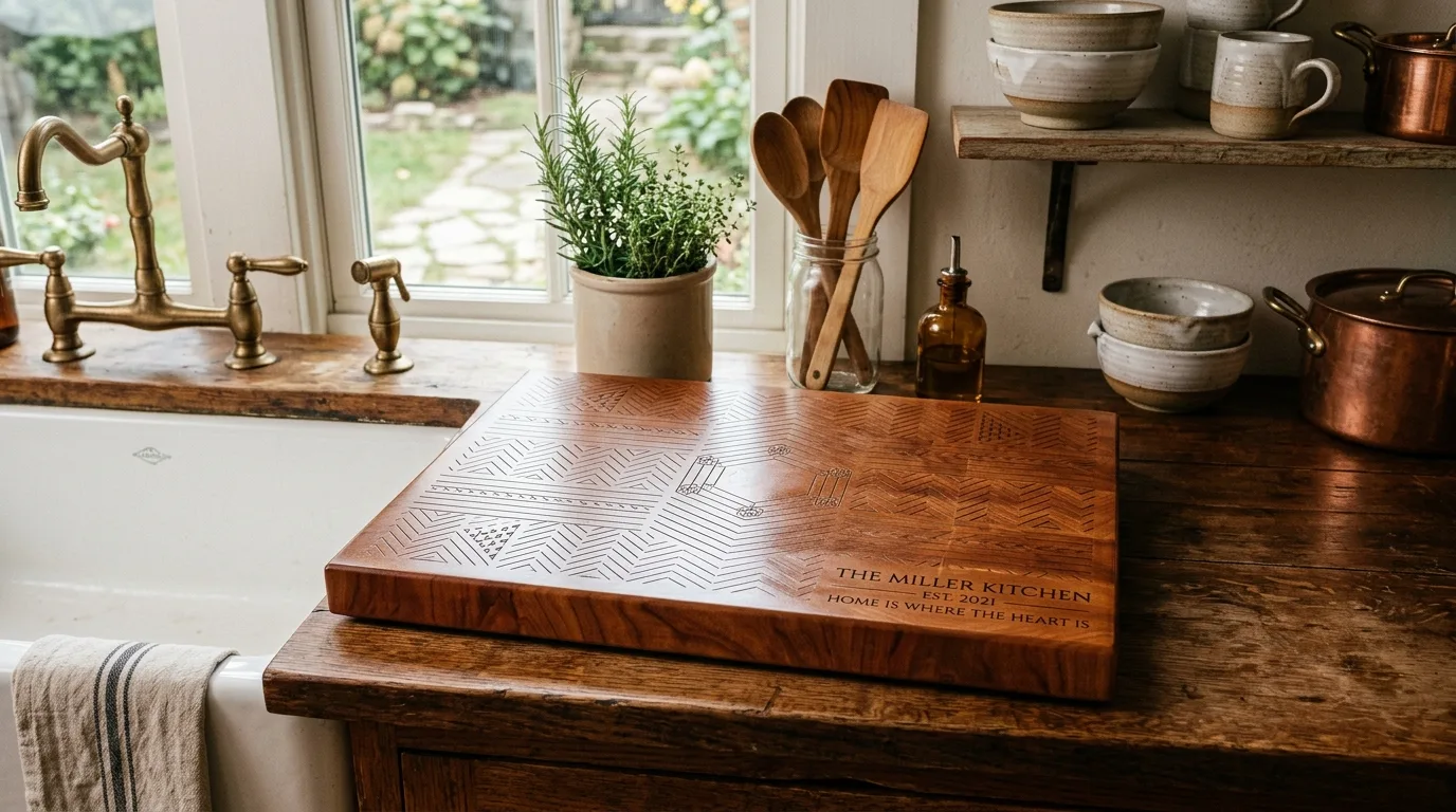 A chunky square DIY butcher block cutting board with end grain styling, no people