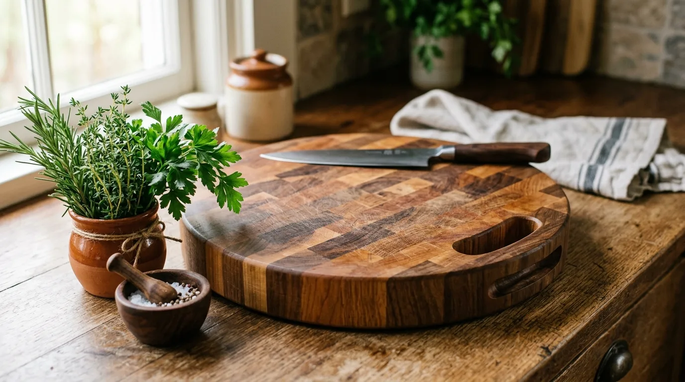 A DIY butcher block cutting board with rounded edges and a juice groove, no people