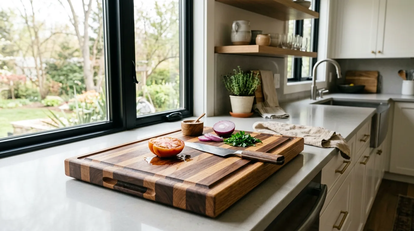 A long narrow handmade DIY butcher block serving board, no people