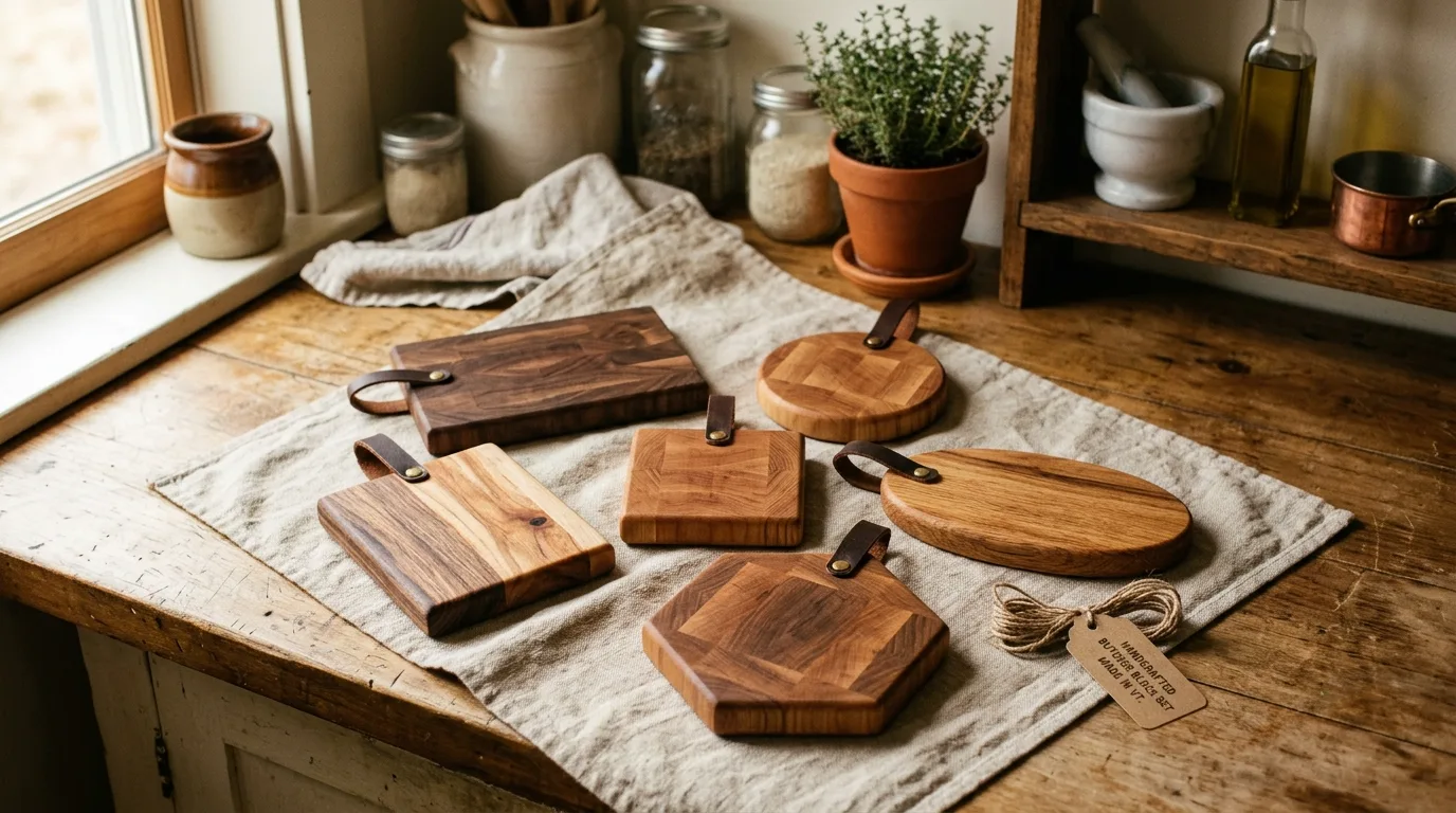 A handmade DIY butcher block cutting board with engraved edge detail, no people