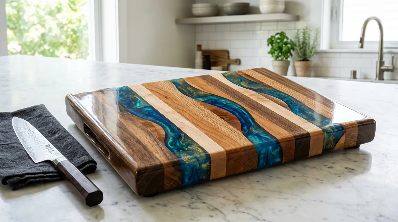 A DIY butcher block cutting board with a contrasting border frame, no people