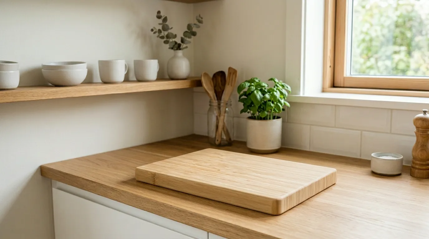 A small handmade DIY butcher block prep board for quick kitchen tasks, no people