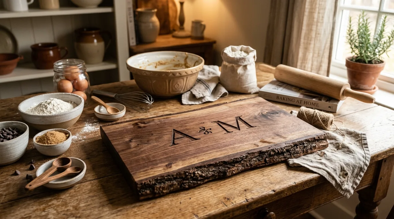 A DIY butcher block cutting board with curved corners and a leather loop, no people