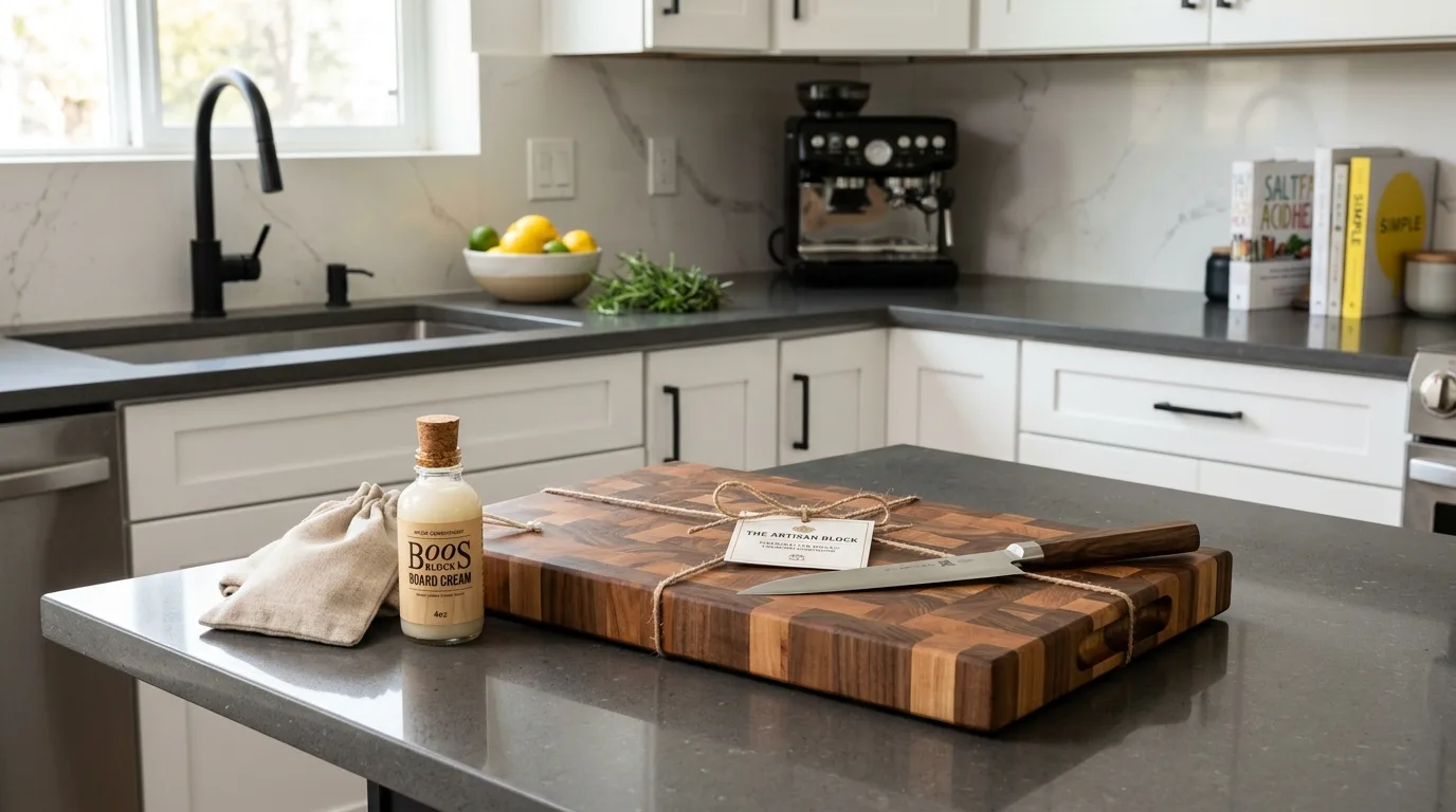 A wide handmade DIY butcher block charcuterie board with walnut and maple contrast, no people