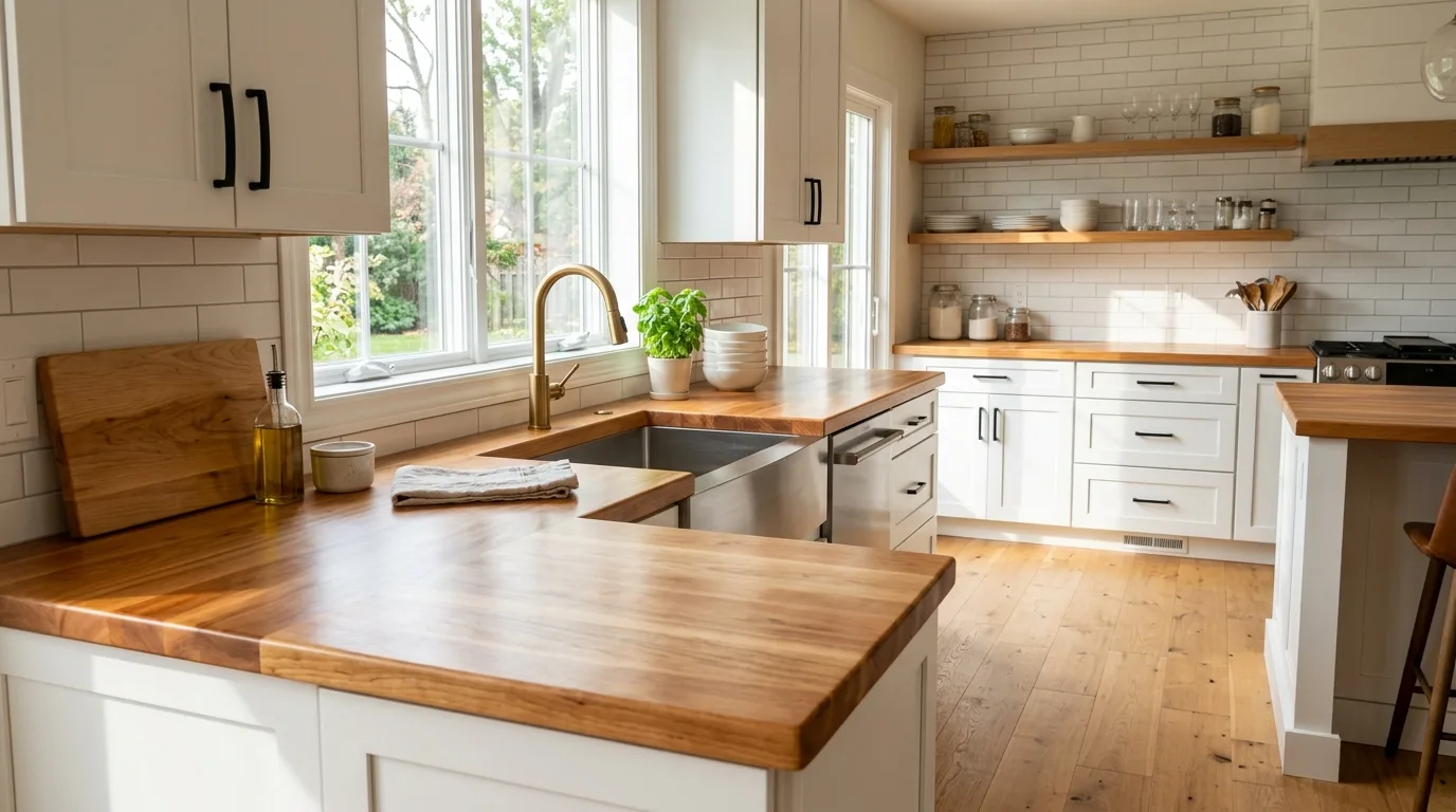 A warm DIY butcher block countertop paired with white shaker cabinets, no people