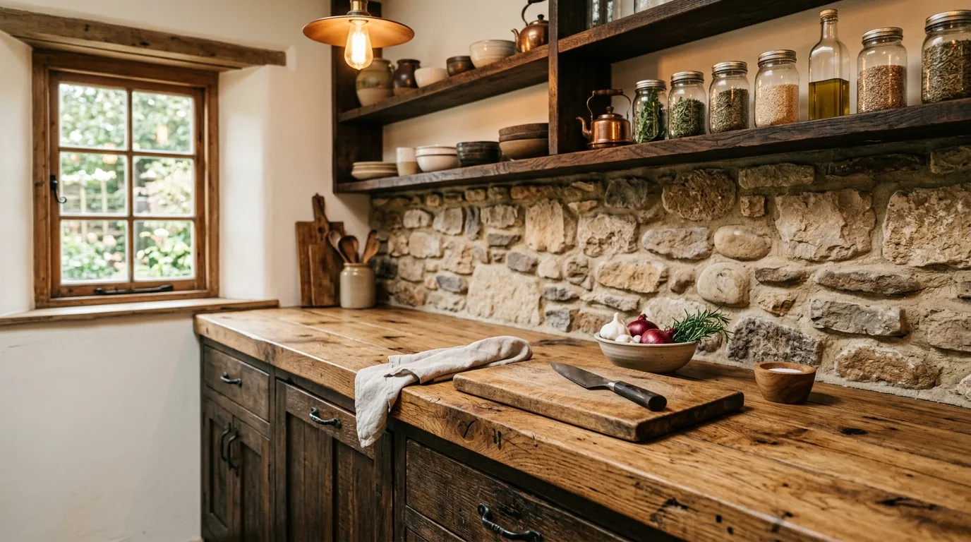 A DIY butcher block countertop with a waterfall edge on a compact island, no people