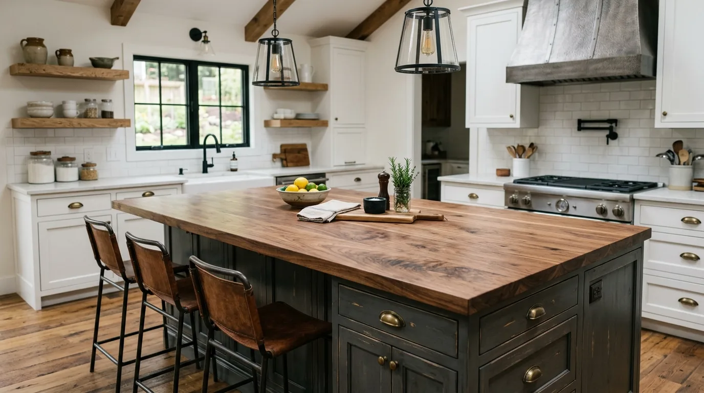 A matte finish DIY butcher block countertop above open shelf cabinets, no people