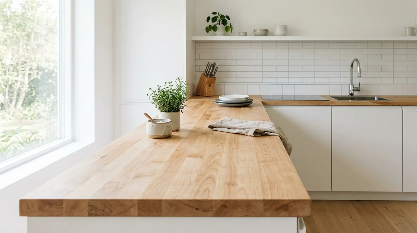 A dedicated baking zone with a DIY butcher block countertop, no people