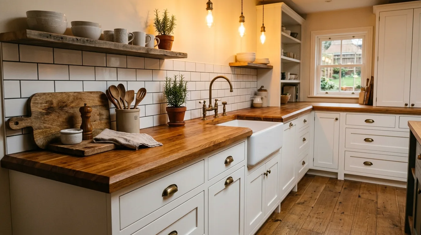 A richly oiled DIY butcher block countertop above dark lower cabinets, no people