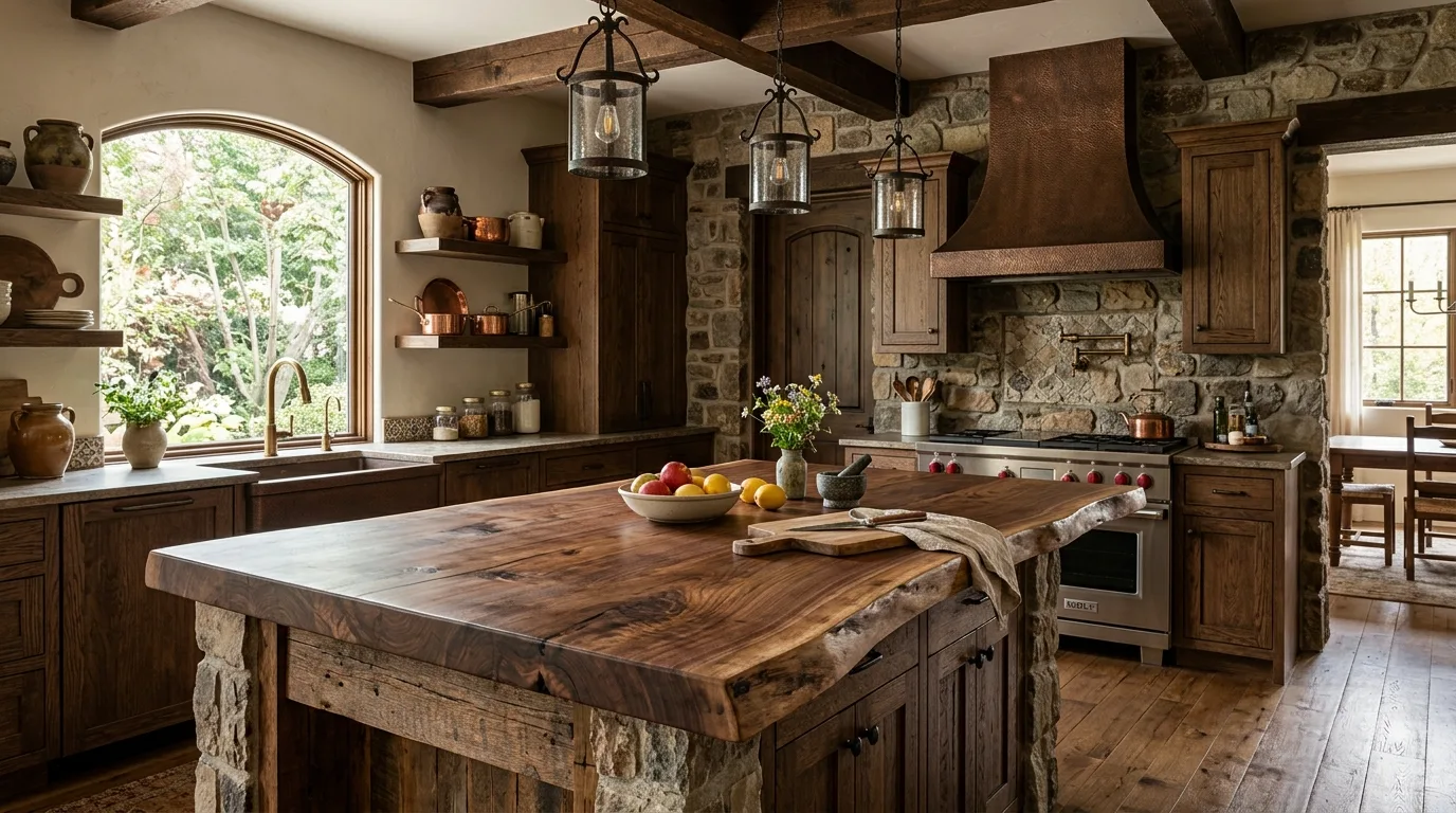 A small galley kitchen with a DIY butcher block countertop and seamless corner joinery, no people