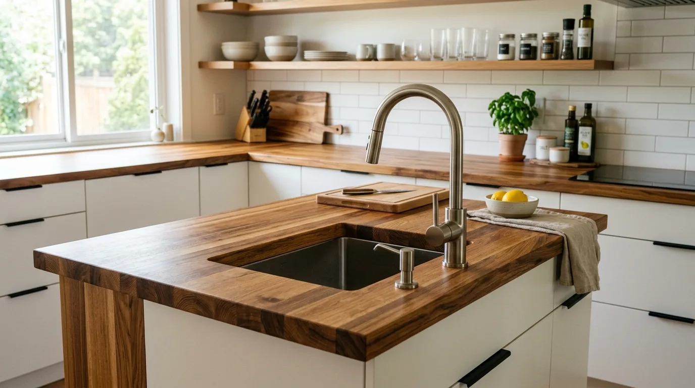 A farmhouse sink run with a thick DIY butcher block countertop, no people