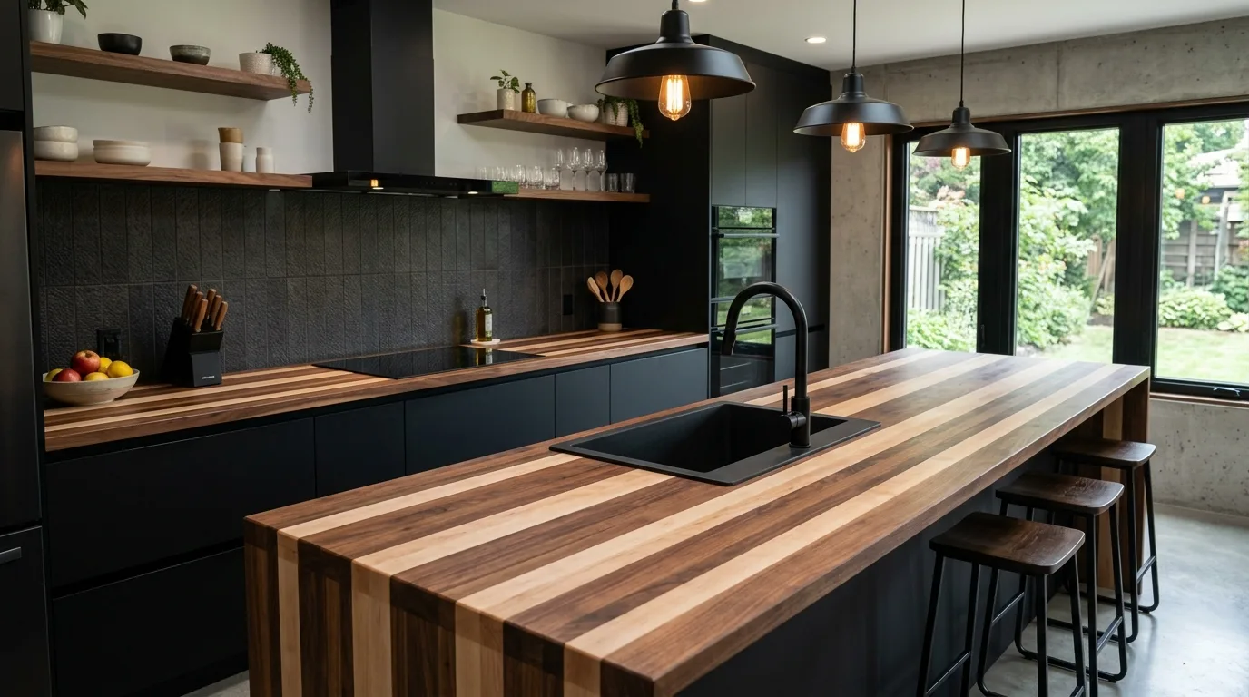 A pale natural DIY butcher block countertop in a minimal kitchen, no people