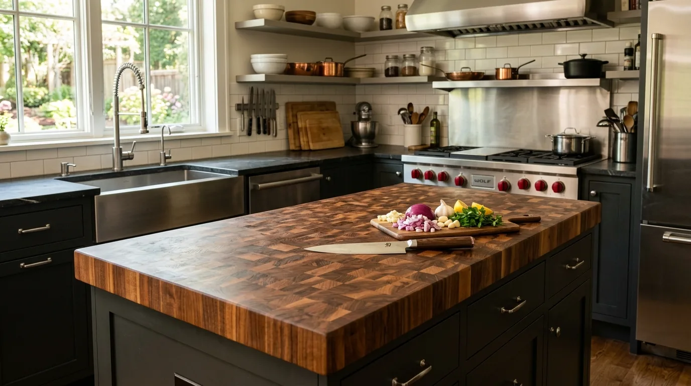 A DIY butcher block countertop in a coffee station with a floating shelf above, no people