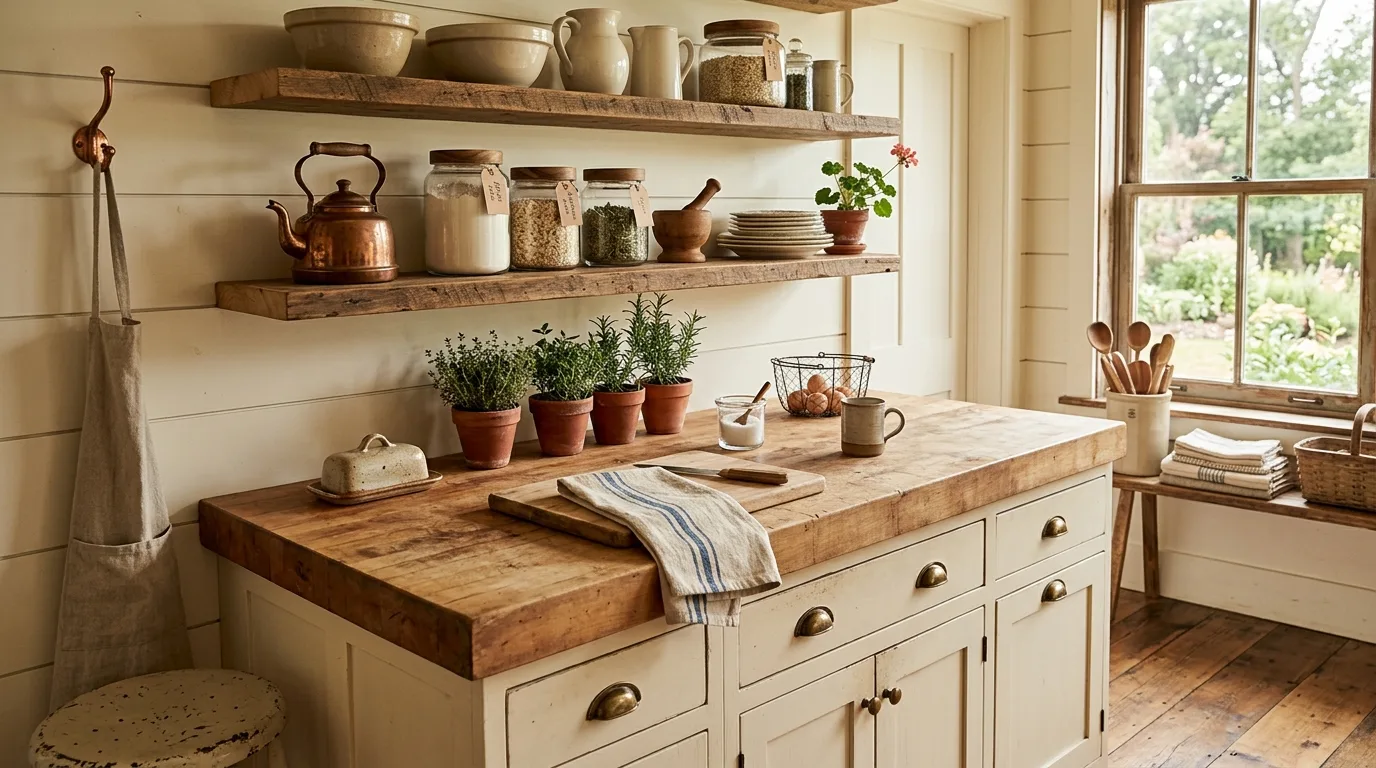 A kitchen with a DIY butcher block countertop on the island only, no people