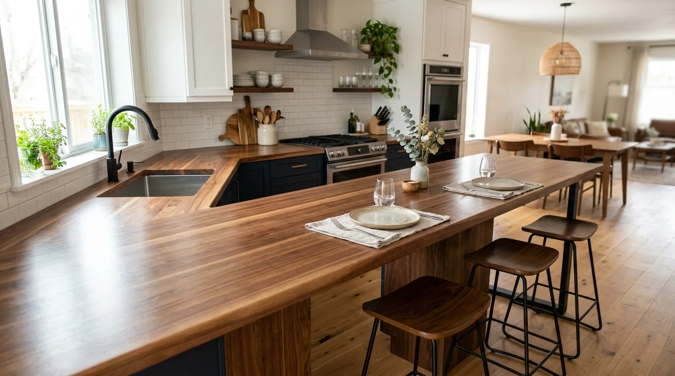 An L shaped DIY butcher block countertop with softly eased edges, no people