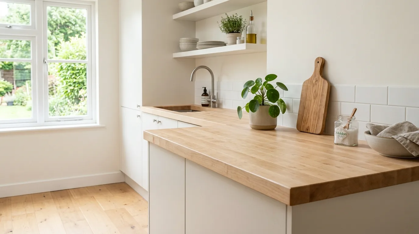 A vintage inspired kitchen with a DIY butcher block countertop and beadboard backsplash, no people