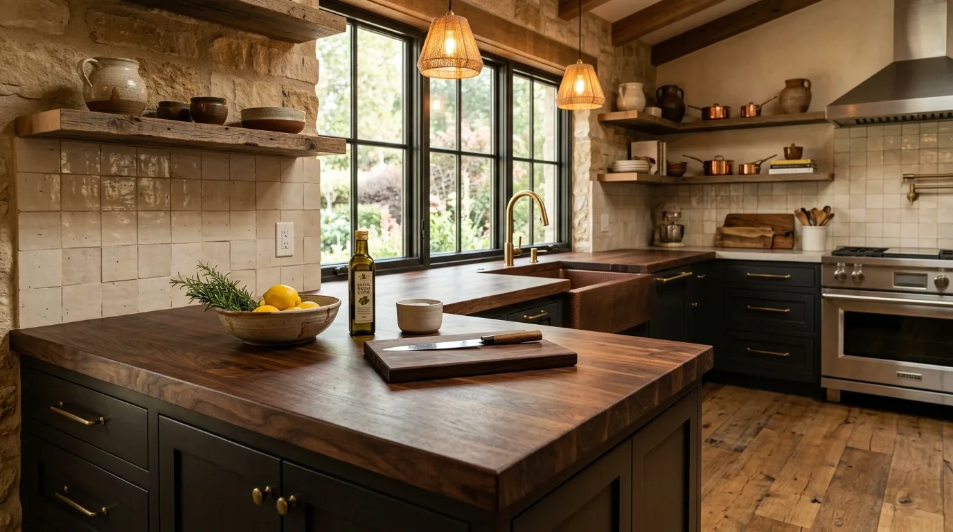 A window side prep counter with an uninterrupted DIY butcher block surface, no people