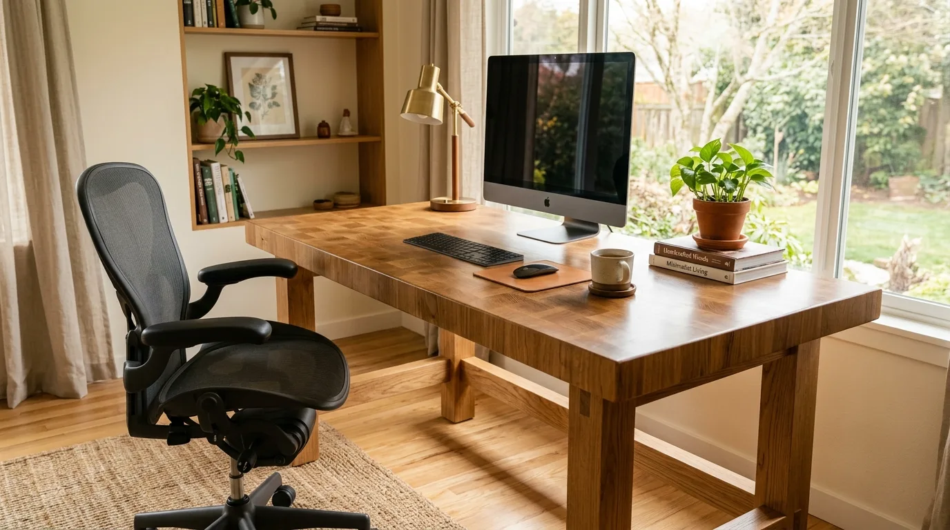 A sturdy DIY butcher block desk with a trestle base, no people