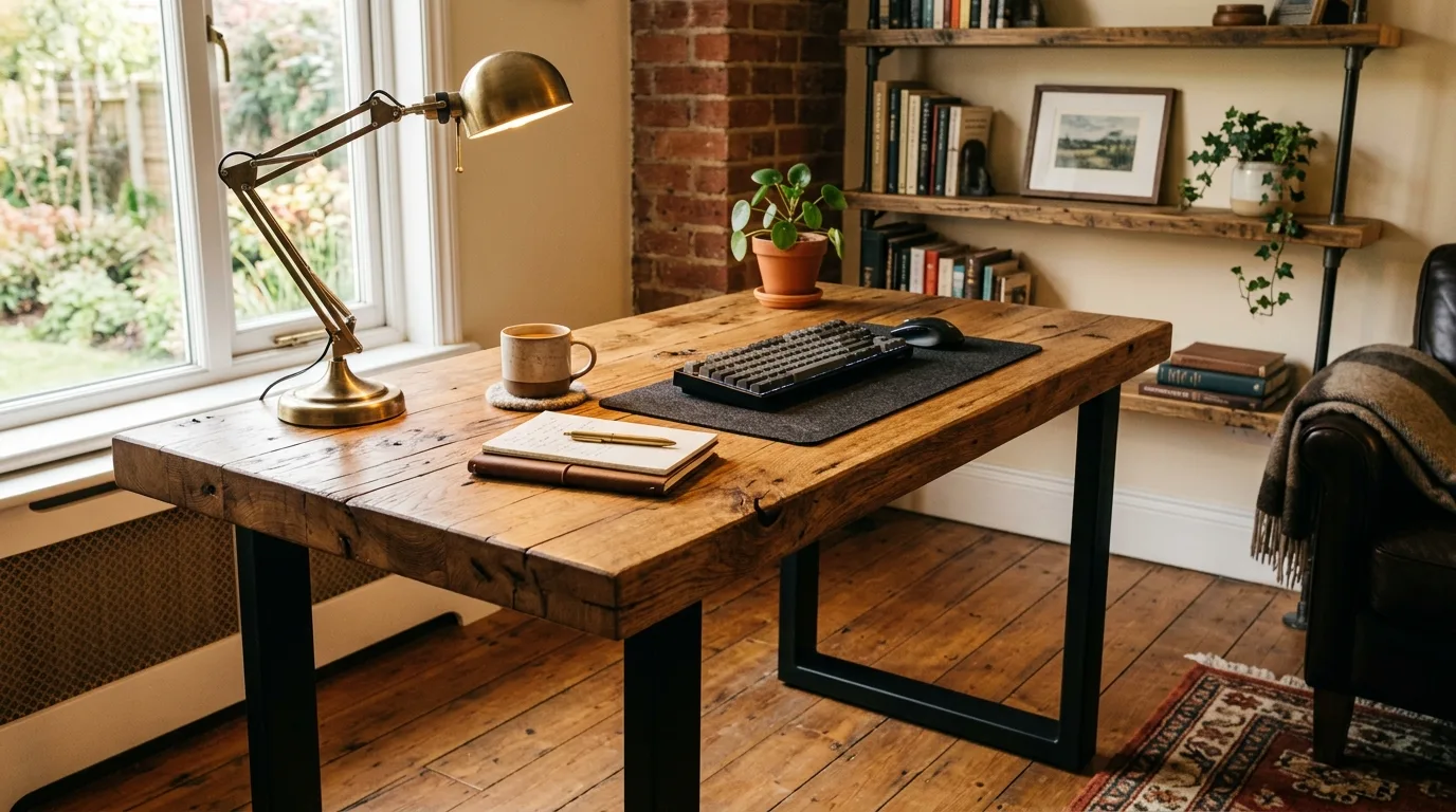 A wall to wall DIY butcher block desk with floating drawers, no people